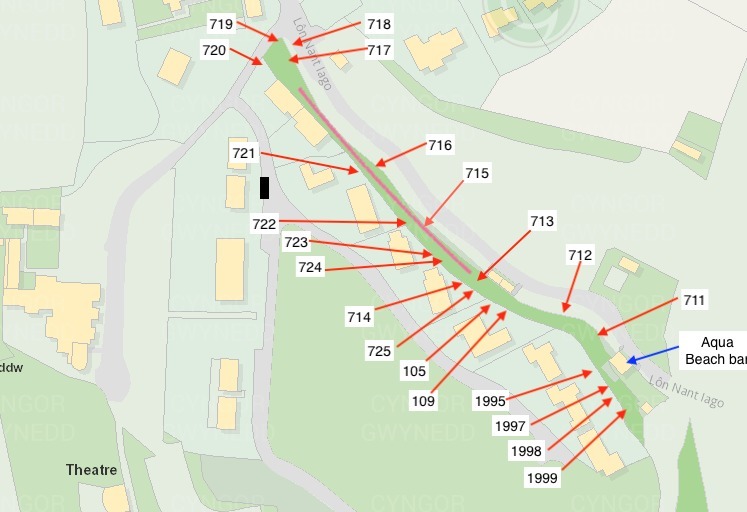 The application shows the location of trees of Lon Nant Iago at Llanbedr (Picture Gwynedd Council planning document.)