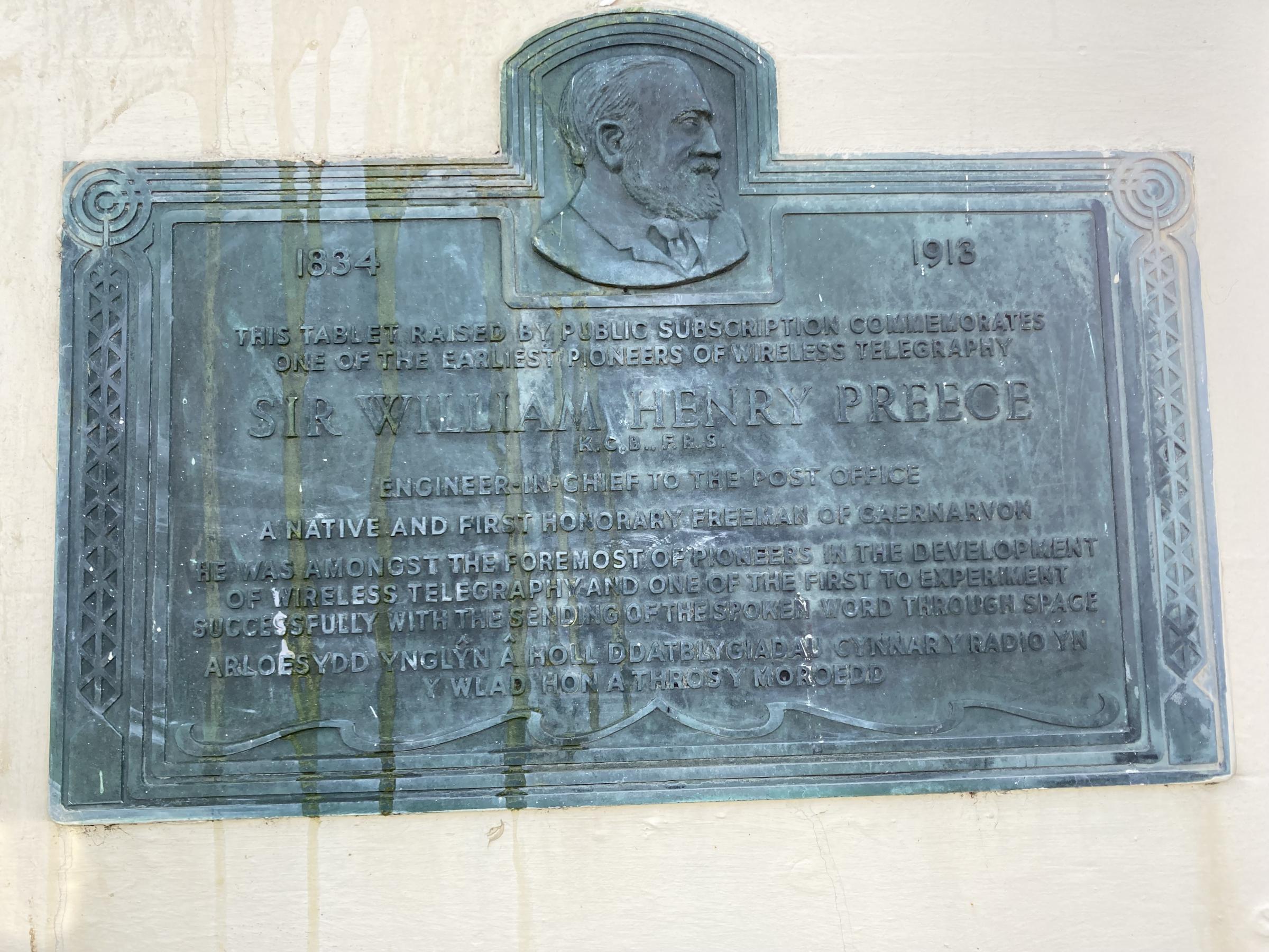 Plaque to William Preece on the post office building in Caernarfon