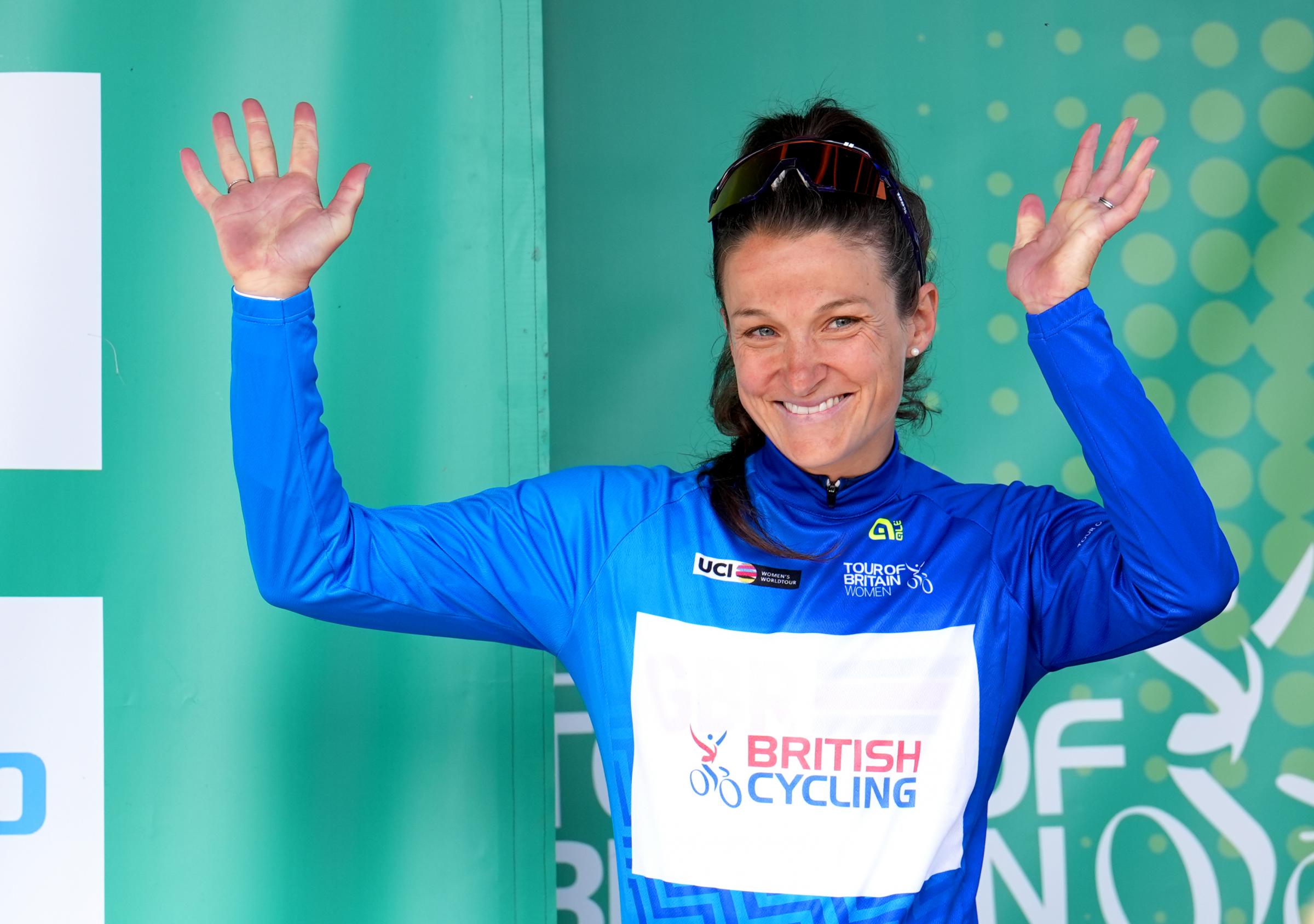 Lizzie Deignan of team Great Britain on the podium wearing the Queen of the Mountains jersey after stage one of the Lloyds Bank Women Tour of Britain 2024 from Welshpool to Llandudno. Picture date: Thursday June 6, 2024. PA Photo. See PA story CYCLING