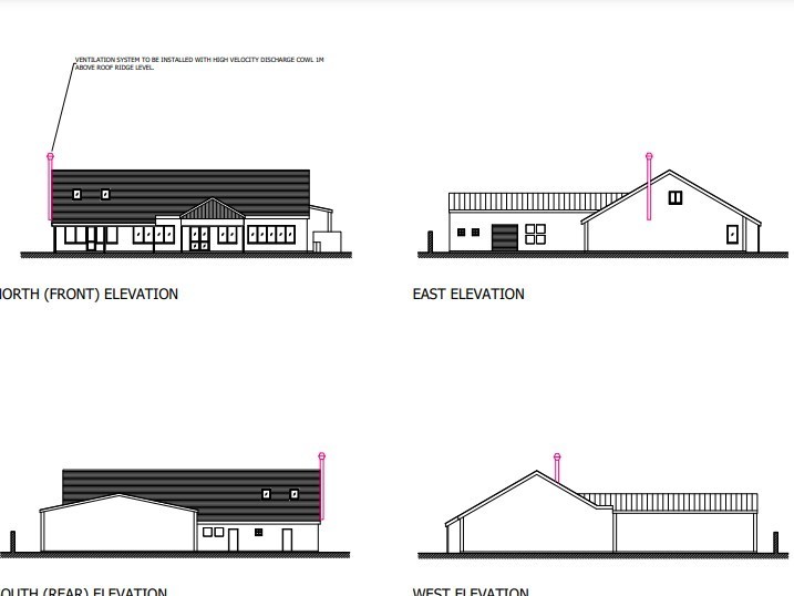 Morfa Bychan chip shop plans showing siting of extraction system (Cyngor Gwynedd Planning Documents)